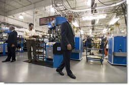 President George W. Bush visits the Allen-Edmonds Shoe Corporation in Port Washington, Wis., Tuesday, July 11, 2006. "This is a company that has benefited because of the tax cuts," said President Bush. "It's a sub-chapter s company. You've often heard me talk about cutting taxes on individuals benefits small businesses. This is a company that had benefited from the tax cuts. It's also a company that made additional investments because of the tax relief we passed." White House photo by Kimberlee Hewitt