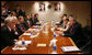 President George W. Bush and U.S. Secretary of Education Margaret Spellings meet with senior officials of the U.S. Department of Education Thursday, Oct. 5, 2006, during a briefing on the implementation of No Child Left Behind law and to highlight the President's education agenda. White House photo by Paul Morse