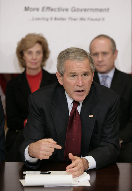 President George W. Bush addresses members of the President’s Management Council, Friday, Oct. 13, 2006, in a meeting at the Eisenhower Executive Office Building in Washington, D.C. The council met to discuss the President’s Management Agenda accomplishments, which will be summarized in a government-wide report to Federal employees and Congress on the state of the government’s management practices. White House photo by Eric Draper