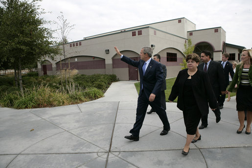 During his visit to George W. Bush Elementary School, the President toured the school and addressed the media in Stockton, Calif., Tuesday, Oct. 3, 2006. "The most important jobs of those involved with schools and government is to make sure that children are safe," said the President. "And Laura and I were saddened and deeply concerned, like a lot of other citizens around the country, about the school shootings that took place in Pennsylvania and Colorado and Wisconsin. We grieve with the parents and we share the concerns of those who worry about safety in schools." White House photo by Eric Draper