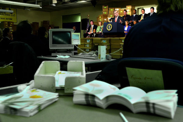 President George W. Bush speaks during an event inside the work area of Bajan Industries in Kansas City, Monday, March 26, 2001. WHITE HOUSE PHOTO BY ERIC DRAPER