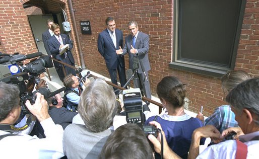 President George W. Bush and Gov.Tom Ridge, Homeland Security Advisor, meet with the press Thursday, Sept. 19, 2002, after visiting the Nebraska Avenue Homeland Security Complex. White House photo by Eric Draper.