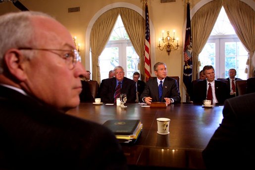 President George W. Bush along with Vice President Dick Cheney meet with Senate Leaders and select ranking committee chairmen in the Cabinet Room at The White House during a morning meeting (today) Wednesday, Sept. 4. 