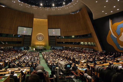 President George W. Bush addresses the United Nations General Assembly in New York City Tuesday, Sept. 19, 2006. "Five years ago, I stood at this podium and called on the community of nations to defend civilization and build a more hopeful future," said President Bush. "This is still the great challenge of our time; it is the calling of our generation." White House photo by Shealah Craighead
