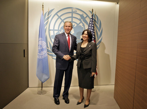 President George W. Bush meets with Sheikha Haya Rashed Al Khalifa of Bahrain, President of the 61st session of the United Nations General Assembly, Tuesday, Sept. 19, 2006, at the United Nations in New York City. White House photo by Eric Draper