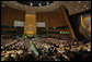 President George W. Bush addresses the United Nations General Assembly in New York City Tuesday, Sept. 19, 2006. "Five years ago, I stood at this podium and called on the community of nations to defend civilization and build a more hopeful future," said President Bush. "This is still the great challenge of our time; it is the calling of our generation." White House photo by Shealah Craighead