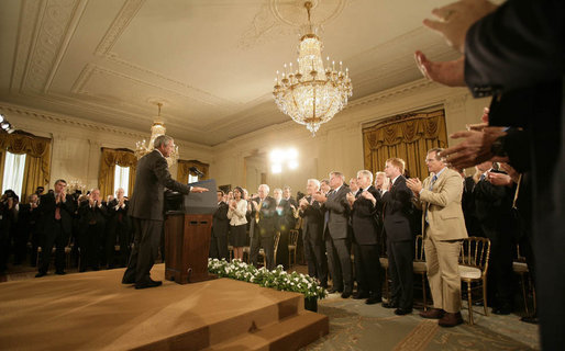 President George W. Bush receives a standing ovation in the East Room of the White House Wednesday, Sept. 6, 2006, during his remarks on the global war on terror. Said the President, "Like the struggles of the last century, today's war on terror is, above all, a struggle for freedom and liberty." White House photo by Eric Draper