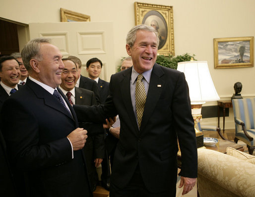 President George W. Bush welcomes Kazakhstan President Nursultan Nazarbayev to the Oval Office at the White House, Friday, Sept. 29, 2006. White House photo by Eric Draper