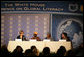 Secretary of Education Margaret Spellings participates in a panel discussion on Mother-Child Literacy and Intergenerational Learning during the White House Conference on Global Literacy Monday, Sept. 18, 2006, at the New York Public Library. Joining Secretary Spellings from left are: Maria Diarra Keita, Founding Director, Institute for Popular Education in Mali; Florence Molefe, Facilitator, the Family Literacy Project in South Africa, and Dr. Perri Klass, Medical Doctor and President of the Reach Out and Read National Center and Professor of Journalism and Pediatrics, New York University. White House photo by Shealah Craighead