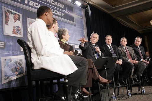 President George W. Bush participates in a conversation on the benefits of health care information technology at the Cleveland Clinic in Cleveland, Ohio, Thursday, Jan. 27, 2005. White House photo by Paul Morse