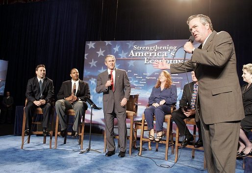 President George W. Bush is introduced by his brother, Florida Governor Jeb Bush, during a conversation on higher education and job training at Florida Community College in Jacksonville, Fla., Friday, Jan. 14, 2005. White House photo by Paul Morse.