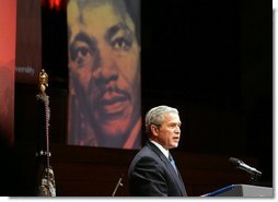 President George W. Bush gives remarks at Georgetown University's "Let Freedom Ring" celebration honoring Dr. Martin Luther King, Jr. at the Kennedy Center for the Performing Arts on Monday, January 17, 2005.  White House photo by Paul Morse