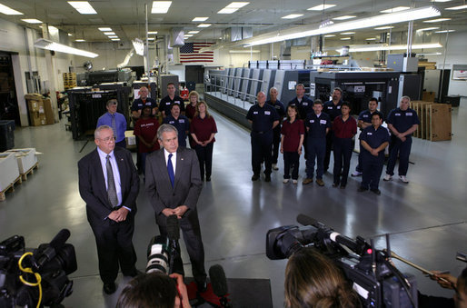 President George W. Bush stands with Jim Mayes, Owner and President of ColorCraft of Virginia, Inc., as he delivers remarks to reporters during his visit to ColorCraft of Virginia, Inc. Wednesday, March 26, 2008, in Sterling, Virginia. White House photo by Chris Greenberg