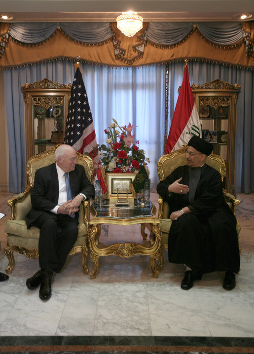 Vice President Dick Cheney meets with the Chairman of the Supreme Council for the Islamic Revolution in Iraq Sayyed Abdul-Aziz al-Hakim Monday, March 17, 2008 at the Hakim residence in Baghdad. During a statement following their meeting the Vice President said, "There is still a lot of difficult work that must be done, but as we move forward, the Iraqi people should know that they will have the unwavering support of President Bush and the United States in consolidating their democracy." White House photo by David Bohrer