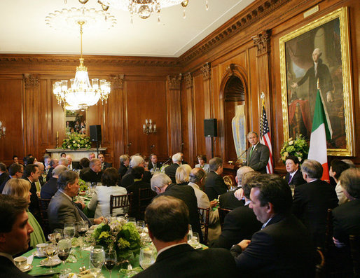 President George W. Bush addresses the Speaker of the House's annual St. Patrick's Day luncheon Monday, March 17, 2008 at the U.S. Capitol in Washington, D.C. White House photo by Chris Greenberg