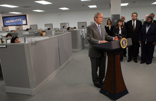 President George W. Bush delivers remarks on housing Friday, March 28, 2008, at Novadebt in Freehold, New Jersey. White House photo by Chris Greenberg
