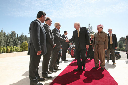 Vice President Dick Cheney greets Iraqi Kurdish officials Tuesday, March 18, 2008 upon arrival to the residence of the president of the Kurdish Regional Government in Irbil, Iraq. White House photo by David Bohrer