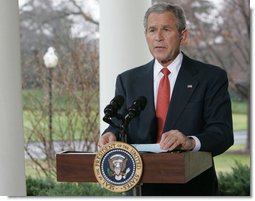 President George W. Bush delivers a statement on the economy Friday, March 7, 2008, at the White House. Said the President, "I know this is a difficult time for our economy, but we recognized the problem early, and provided the economy with a booster shot. We will begin to see the impact over the coming months. And in the long run, we can have confidence that so long as we pursue pro-growth, low-tax policies that put faith in the American people, our economy will prosper." White House photo by Chris Greenberg