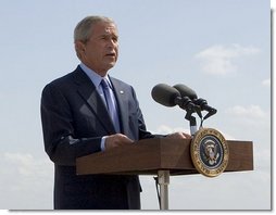 President George W. Bush addresses the press upon his departure from Waco, Texas, Monday, Aug. 27, 2007. "This morning, Attorney General Alberto Gonzales announced that he will leave the Department of Justice, after two and a half years of service to the department," said the President. "Al Gonzales is a man of integrity, decency and principle. And I have reluctantly accepted his resignation, with great appreciation for the service that he has provided for our country." White House photo by Chris Greenberg