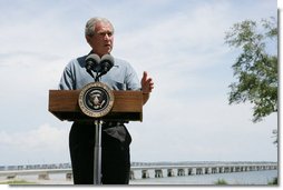 President George W. Bush offers his support in the ongoing rebuilding efforts along the Gulf Coast region, as he speaks Wednesday, Aug. 29, 2007, to the residents of Bay St. Louis, Miss., marking the second anniversary of Hurricane Katrina. White House photo by Chris Greenberg