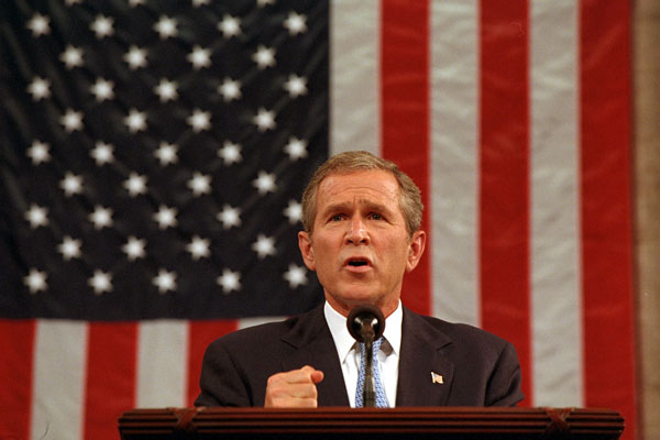 In a historic address to the nation and joint session of Congress Sept. 20, President Bush pledges to defend America's freedom against the fear of terrorism. White House by Eric Draper.