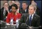 Secretary of State Condoleezza Rice and President George W. Bush attend the NATO summit in Brussels, Belgium, Tuesday, Feb. 22, 2005. White House photo by Eric Draper