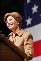 Laura Bush delivers remarks to U.S. soldiers and spouses during a visit to Ramstein Air Base Tuesday, Feb. 22, 2005 in Ramstein, Germany. Mrs. Bush thanked U.S. servicemen and women and the families that support them for their bravery and sacrifice. White House photo by Susan Sterner