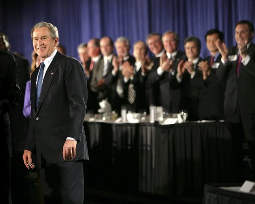 President George W. Bush receives applause during his introduction at the Detroit Economic Club in Detroit, Michigan, Tuesday, Feb. 8, 2005. White House photo by Eric Draper
