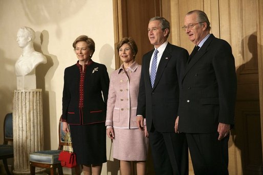 President George W. Bush and first lady Laura Bush are welcomed by King Albert II and Queen Paolo of Belgium at the palace office in Brussels, Monday, Feb. 21, 2005. White House photo by Eric Draper