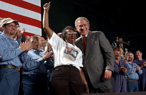 Receiving an enthusiastic welcome, President George W. Bush visits Detroit Edison's Monroe Power Plant in Monroe, Mich., Monday, Sept. 15, 2003. White House photo by Tina Hager.