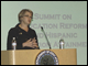 Secretary Spellings talks to summit participants about No Child Left Behind and the positive impact it has made on education outcomes for Hispanic students at the White House Initiative's Summit Education Reform and Hispanic Education Attainment.