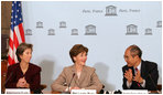 Mrs. Laura Bush, who serves as an Honorary Ambassador to the United Nations Decade of Literacy, addresses UNESCO participants during a roundtable discussion while visiting Paris Monday, Jan. 15, 2007. Following the White House Conference on Global Literacy held in September 2006, UNESCO is hosting upcoming regional literacy conferences in Qatar, Costa Rica, Azerbaijan and Asia.