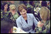 Laura Bush talks with members of the 101st Airborne at Fort Campbell, Kentucky. Known as "The Screaming Eagles," this airborne division took part in the largest airborne assault of World War II and also served in Vietnam. Surrounded by the soldiers, Mrs. Bush shares a turkey dinner with them Wednesday, Nov. 21, 2001. 