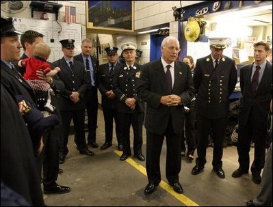 Vice President Dick Cheney meets with firefighters of FDNY Rescue Company 1 at their firehouse in New York, N.Y., Sept. 11, 2003. Eleven firefighters from the company died in the terrorist attacks Sept. 11, 2001. They are: Capt. Terence S. Hatton, 41; Lt. Dennis Mojica, 50; Joseph Angelini Sr., 63; Gary Geidel, 44; William Henry, 49; Kenneth Joseph Marino, 40; Michael G. Montesi, 39; Gerard Terence Nevins, 46; Patrick J. O'Keefe, 44; Brian Edward Sweeney, 29; and David M. Weiss, 41.