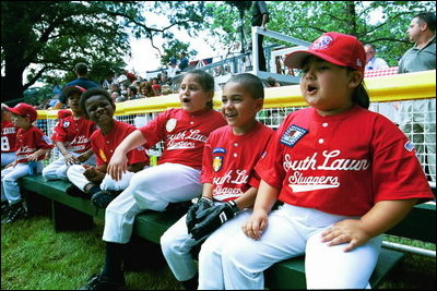 President George W. Bush and Mrs. Bush host Tee Ball on the South Lawn with The Fort Belvoir Little League Braves of Fort Belvoir, Virginia and the Naval Base Little League Yankees of Norfolk, Virginia, June 23, 2003.