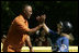 A player from the District 12 Little League Challengers of Williamsport, Pa., is given a high-five from baseball star and Tee Ball third base coach Ozzie Smith, Sunday, July 24, 2005, during a Tee Ball game on the South Lawn of the White House.