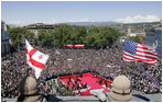 Thousands gather in Freedom Square to hear President George W. Bush speak in Tiblisi, Georgia, Tuesday, May 10 2005. "When Georgians gathered here 16 years ago, this square had a different name. Under Lenin's steely gaze, thousands of Georgians prayed and sang, and demanded their independence, said President Bush. "The Soviet army crushed that day of protest, but they could not crush the spirit of the Georgian people."