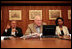 Vice President Dick Cheney is seated with Secretary of State Condoleezza Rice and Secretary of Defense Donald Rumsfeld as they participate in a video teleconference from Camp David, Md., Tuesday, June 13, 2006 with President Bush and Iraqi Prime Minister Nouri al-Maliki in Baghdad. White House photo by David Bohrer 