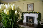 Decorated with tulips and Boxwood Garland, the Vermeil Room is home to several portraits of First Ladies, including the Lady Bird Johnson.