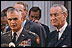 President Lyndon Johnson and General William Westmoreland speak to reporters in the "stake out" area outside the West Wing April 7, 1968.