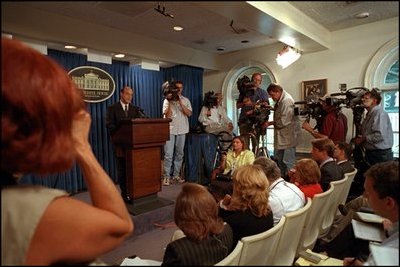 Just one day after the September 11, 2001 terrorist attacks, White House Press Secretary Ari Fleischer answers reporters' questions, September 12, 2001. 