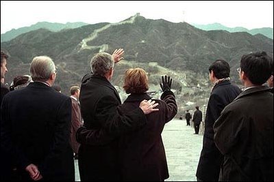  President Bush and Mrs. Bush tour the Great Wall of China, Friday, Feb. 22, in Badaling, China. President Richard Nixon visited the same Badaling area of the wall during his trip to China. "Thirty years ago, leaders of China and the United States acted together to put an end to mutual estrangement and open the gate for exchanges and cooperation between the two countries," said Chinese President Jiang of the historic trip. White House photo by Eric Draper.