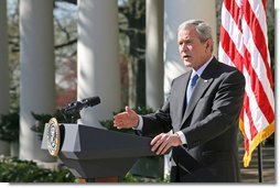 President George W. Bush discusses the emergency supplemental bill with the press Tuesday, April 3, 2007, in the Rose Garden. "Democrat leaders in Congress seem more interested in fighting political battles in Washington than in providing our troops what they need to fight the battles in Iraq," said the President. "If Democrat leaders in Congress are bent on making a political statement, then they need to send me this unacceptable bill as quickly as possible when they come back. I'll veto it, and then Congress can get down to the business of funding our troops without strings and without delay."  White House photo by Eric Draper