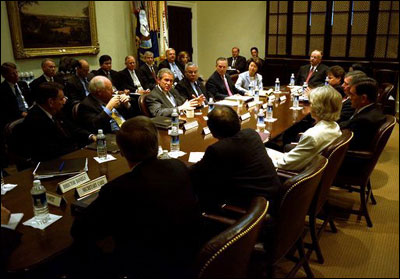 President George W. Bush meets with his Homeland Security Council and other senior staff members in the Roosevelt Room to discuss the Department of Homeland Security June 6, 2002.