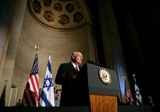 Vice President Dick Cheney delivers remarks, Thursday, May 8, 2008, at a reception celebrating the 60th anniversary of the founding of the state of Israel, hosted by the Israeli Embassy at the Andrew Mellon Auditorium in Washington, D.C. White House photo by David Bohrer