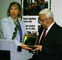 Sue Joss, executive director of the Brockton facility, gave President Pires a plaque to commemorate his visit.