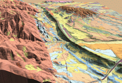 Geologic map draped over a Digital Elevation Model (DEM) image in an oblique view of Golden, Colorado.