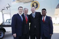 President George W. Bush presented the President’s Volunteer Service Award to Eric Greitens upon arrival in St. Louis, Missouri, on Friday, October 3, 2008.  Greitens, a lieutenant in the United States Navy Reserve and a senior fellow at the Harry S. Truman School of Public Affairs, is the founder of the Center for Citizen Leadership.  To thank them for making a difference in the lives of others, President Bush honors a local volunteer when he travels throughout the United States.  He has met with more than 650 volunteers, like Greitens, since March 2002.