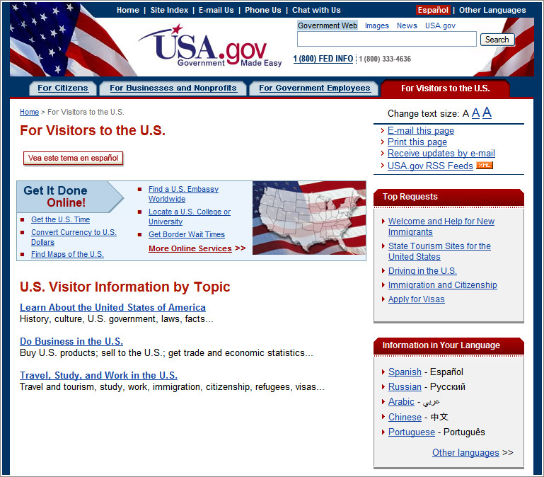 For Visitors to the U.S. page