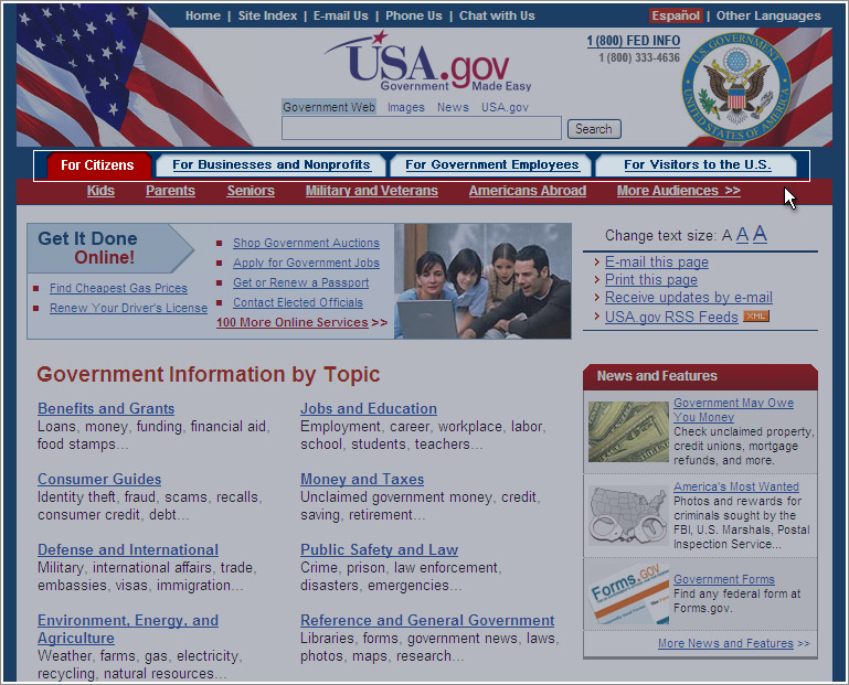 USA.gov homepage highlighting the four main audience tabs